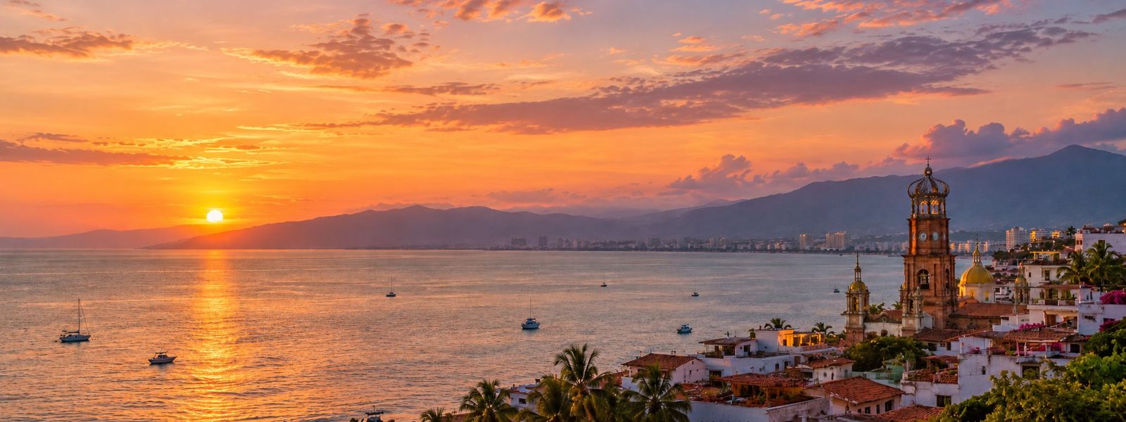 Sunset over Banderas Bay and the Puerto Vallarta church crown