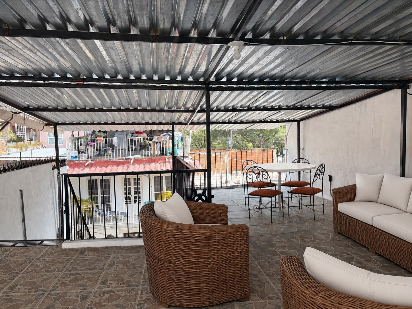 Covered rooftop seating at Casa Rodriguez